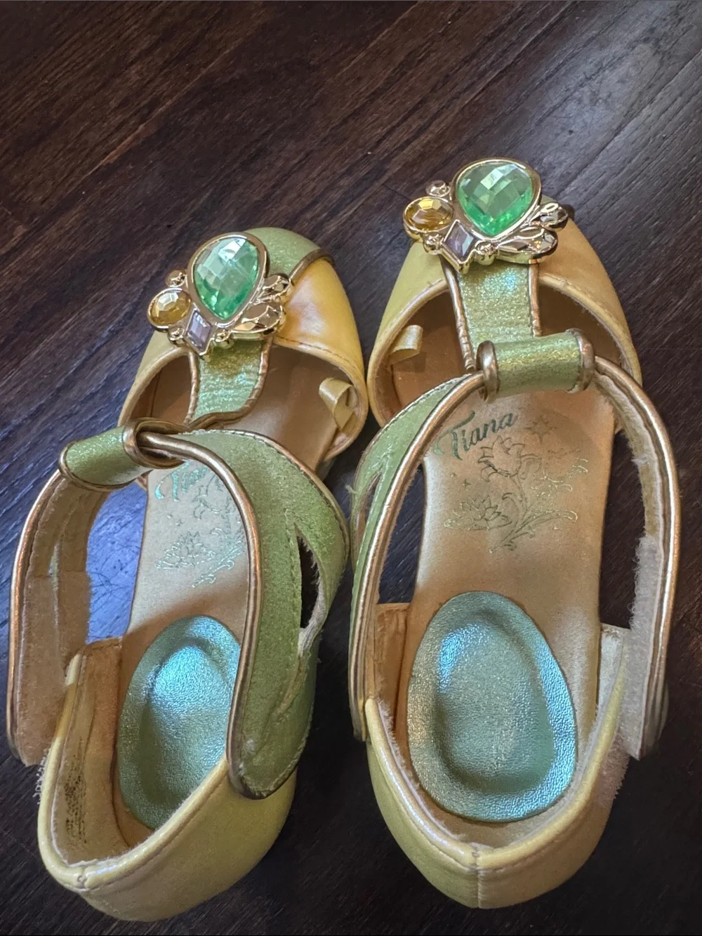Disney Girls Yellow and Green Tiana Jewel T-Strap Dress Shoes